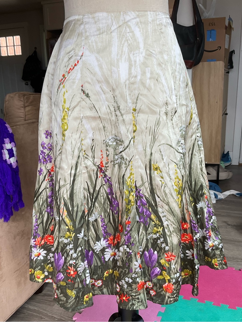 🪻Chico's Floral Wildflower Silk Blend‎ Midi A-Line Skirt Beige Green Size 0 / S